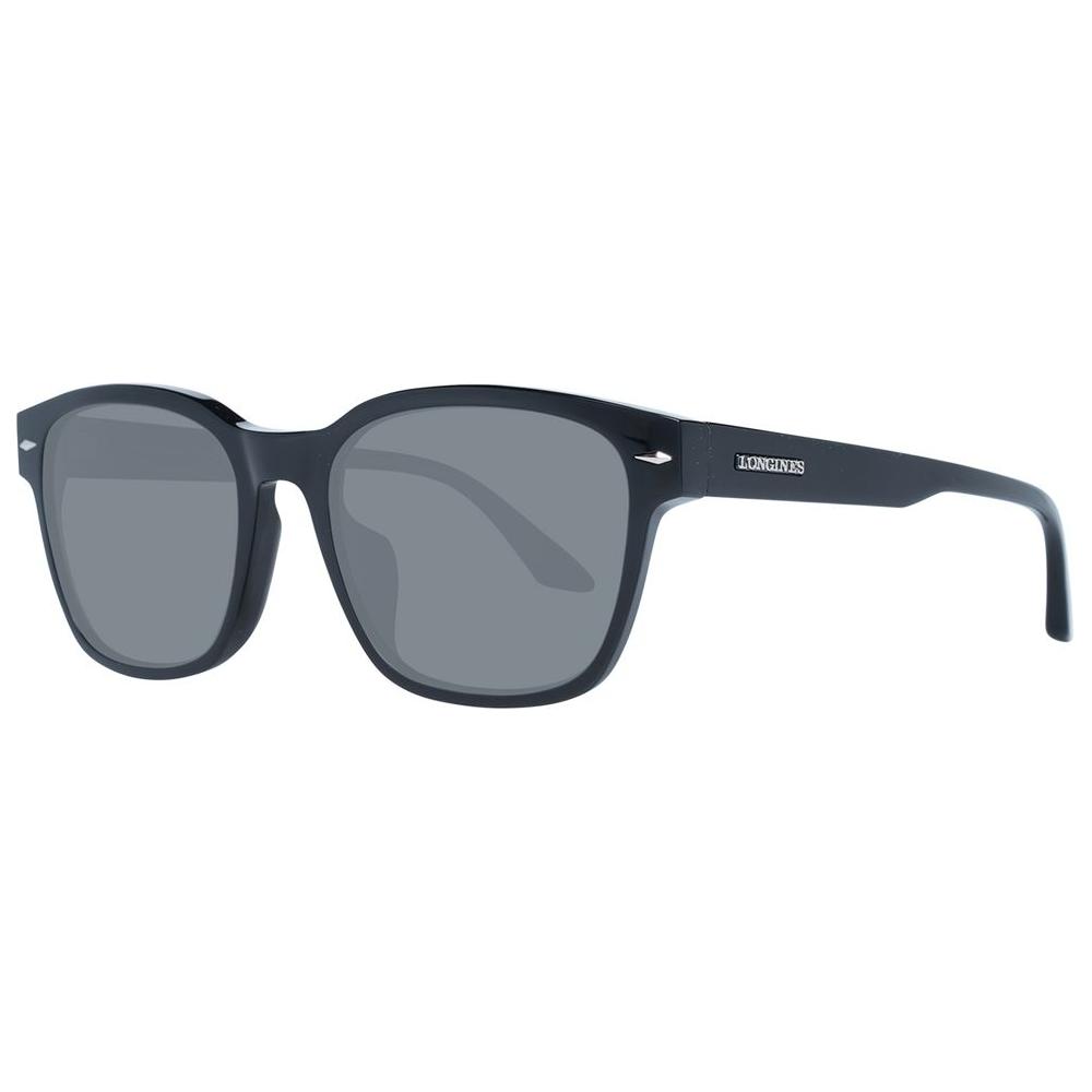 Longines black men's sunglasses with grey plastic lenses, trapezium full-rim style, offering 100% UVA & UVB protection.