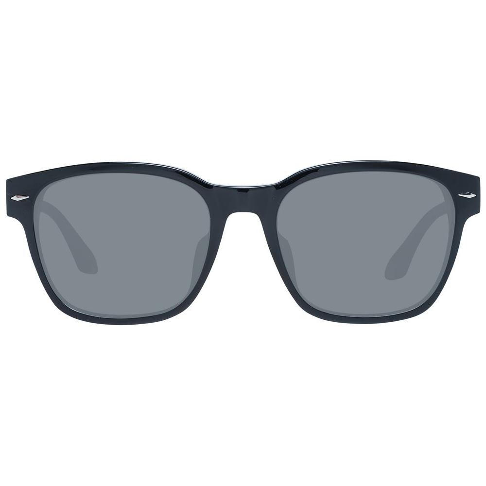 Longines men's black trapezium sunglasses with grey lenses, full-rim plastic frame, 100% UVA & UVB protection, 56-19-145 size.