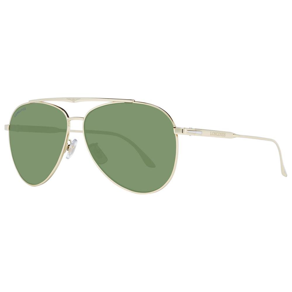 Longines gold aviator sunglasses with green lenses, metal frame for men. UVA & UVB protection, full-rim style, size 59-12-135.