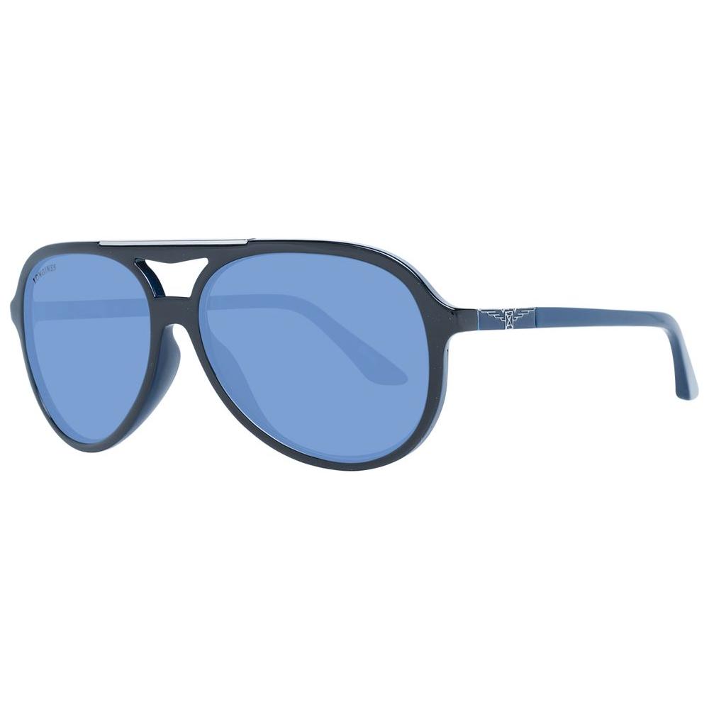 Longines black aviator sunglasses for men with blue mirrored lenses, plastic frame, full-rim style, 100% UVA & UVB protection.