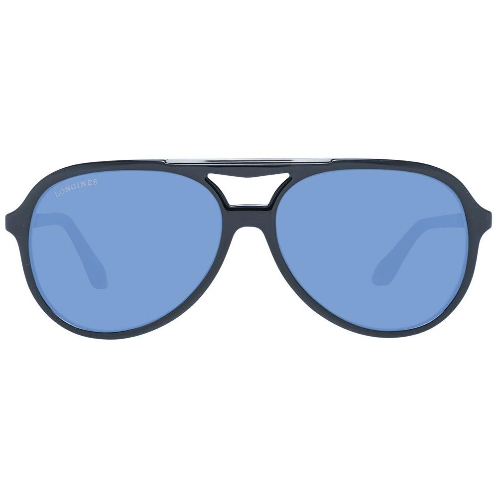Longines black aviator sunglasses with blue mirrored lenses, plastic frame, full-rim style. 100% UVA & UVB protection. Perfect for men.
