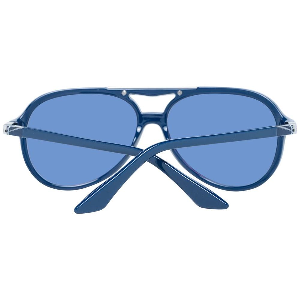 Longines black men's sunglasses with blue mirrored lenses, aviator style, full-rim plastic frame, 100% UVA & UVB protection.
