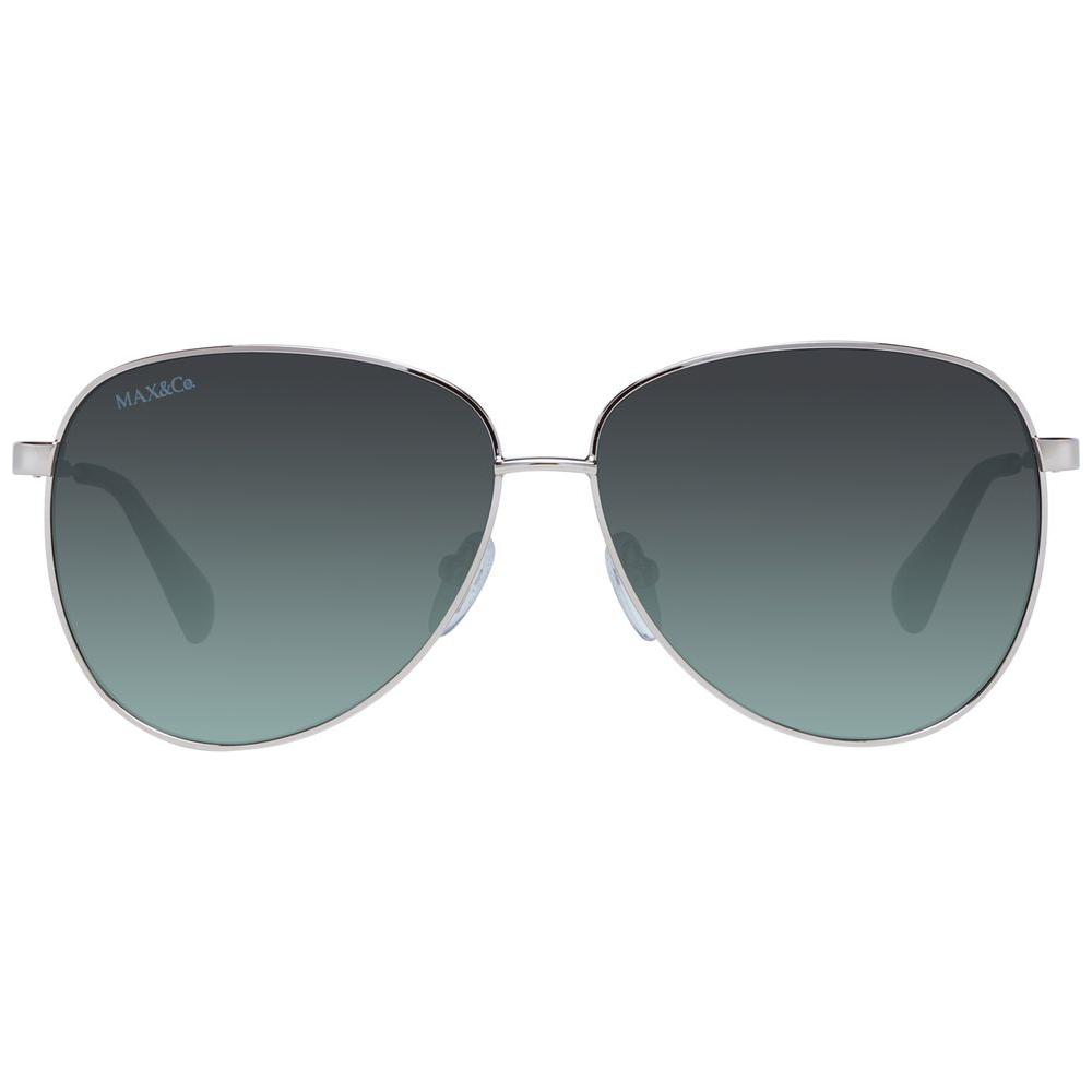 Max & Co rose gold women's aviator sunglasses with green mirrored gradient lenses, full-rim metal frame, size 58-12-140, includes branded case.