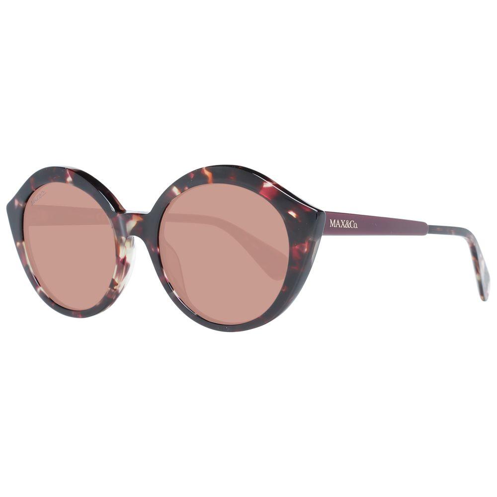 Max & Co round brown women's sunglasses with full-rim plastic frame and mirrored lenses, 100% UVA & UVB protection. Includes branded case.