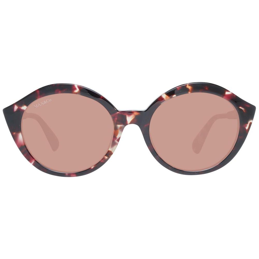 Max & Co brown round women's sunglasses with full-rim plastic frame and mirrored lenses, includes branded case.