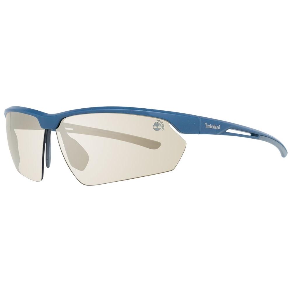 Timberland blue men's rectangular sunglasses with blue plastic half-rim frame, green lenses, and full UVA & UVB protection.