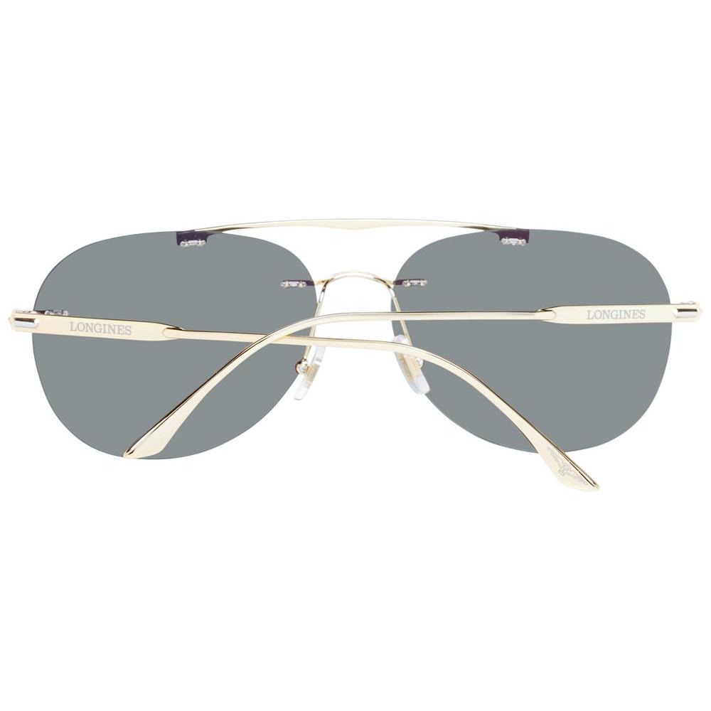Longines gold men's aviator sunglasses with rimless design, grey lenses, gold metal frame, and 100% UVA/UVB protection.