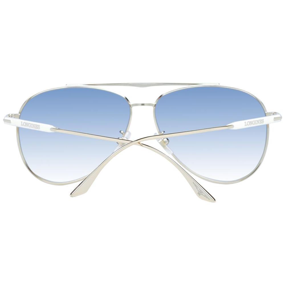 Longines white metal aviator sunglasses with blue gradient lenses for men, featuring full-rim frame and 100% UVA & UVB protection.