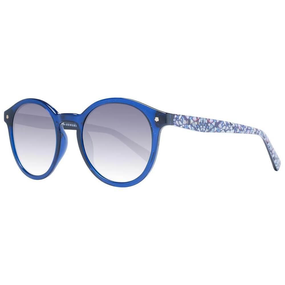 Ted Baker blue women's round sunglasses with blue acetate frame and gradient grey lenses, full-rim style, UVA & UVB protection.