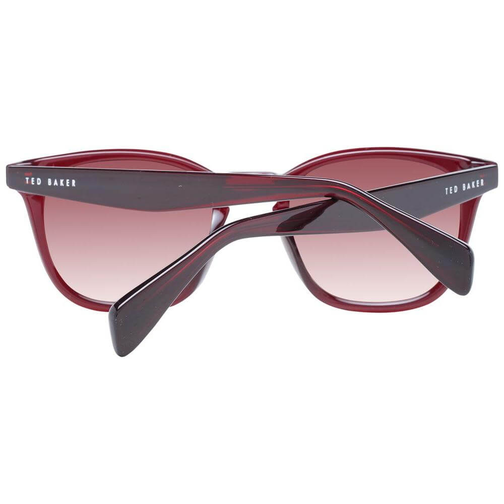Ted Baker red acetate men's sunglasses with gradient lenses, square style, 100% UVA & UVB protection, full-rim frame, includes branded case.