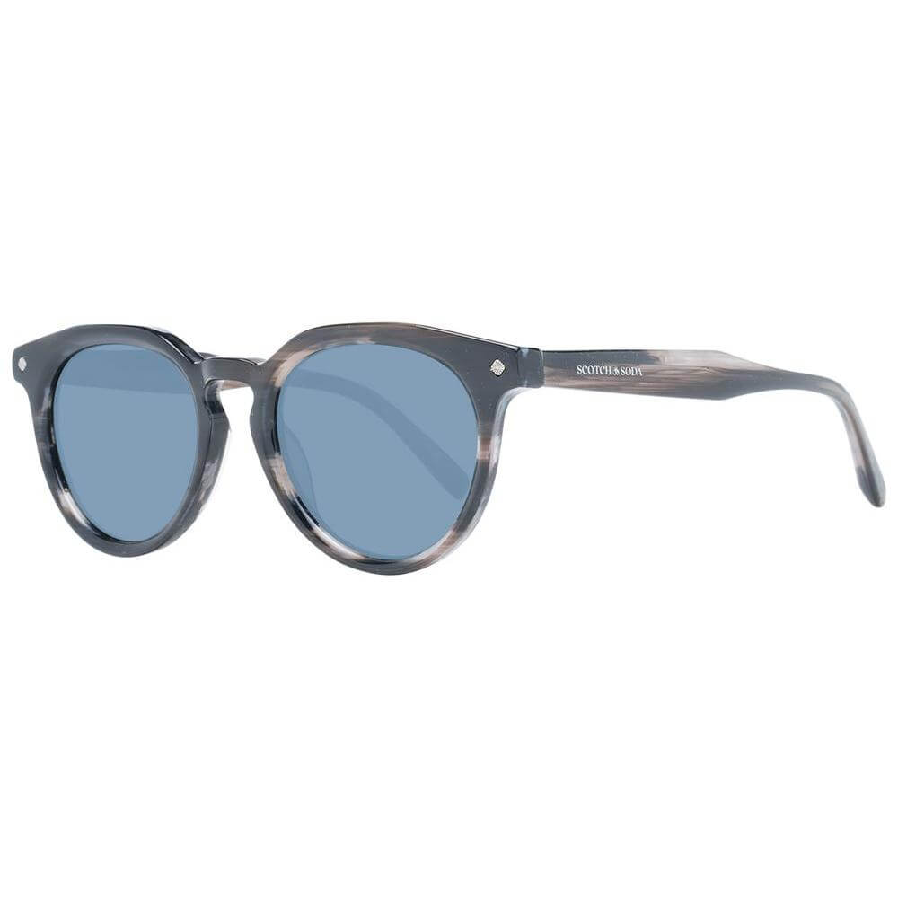 Scotch & Soda black men's sunglasses with grey lenses, full-rim panto style, 100% UVA & UVB protection, black renew acetate frame.