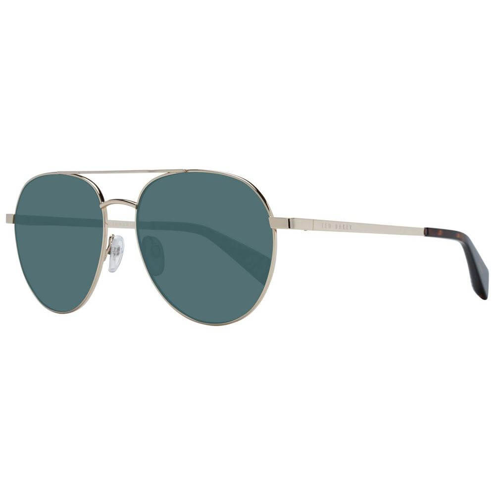 Ted Baker men's gold aviator sunglasses with grey lenses, metal frame, full-rim style, 100% UVA/UVB protection, size 57-16-140.