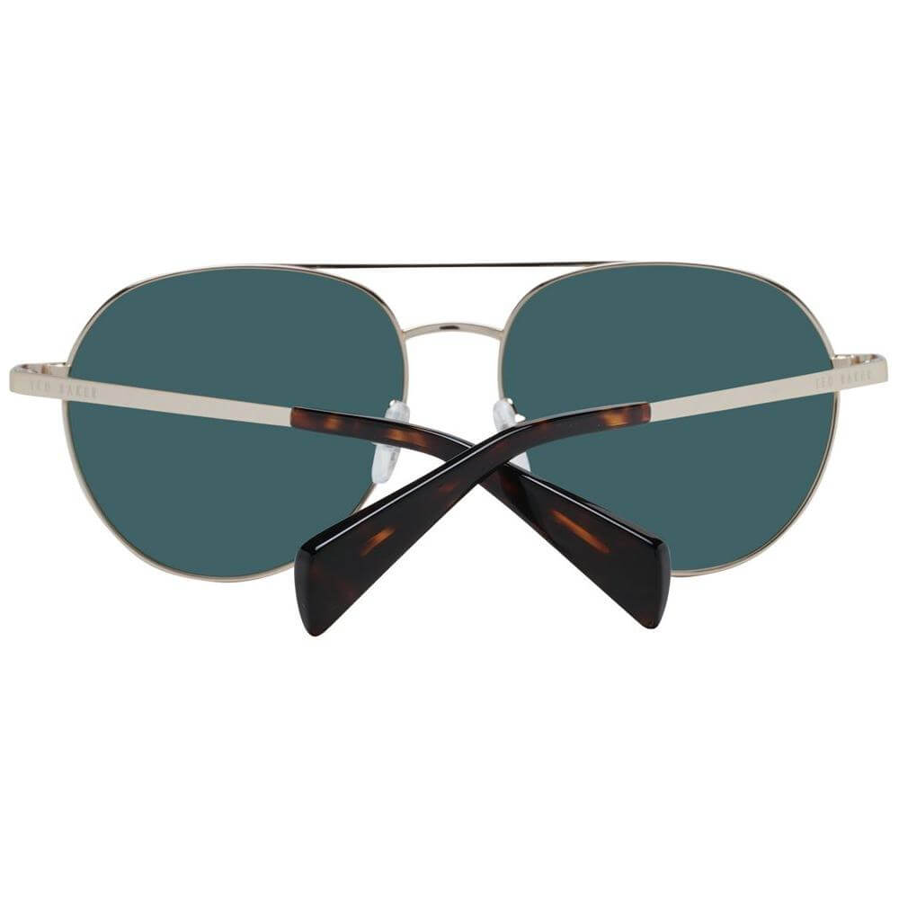 Ted Baker gold aviator sunglasses for men with grey plastic lenses, metal frame, and full-rim style. 100% UVA & UVB protection. Size 57-16-140.