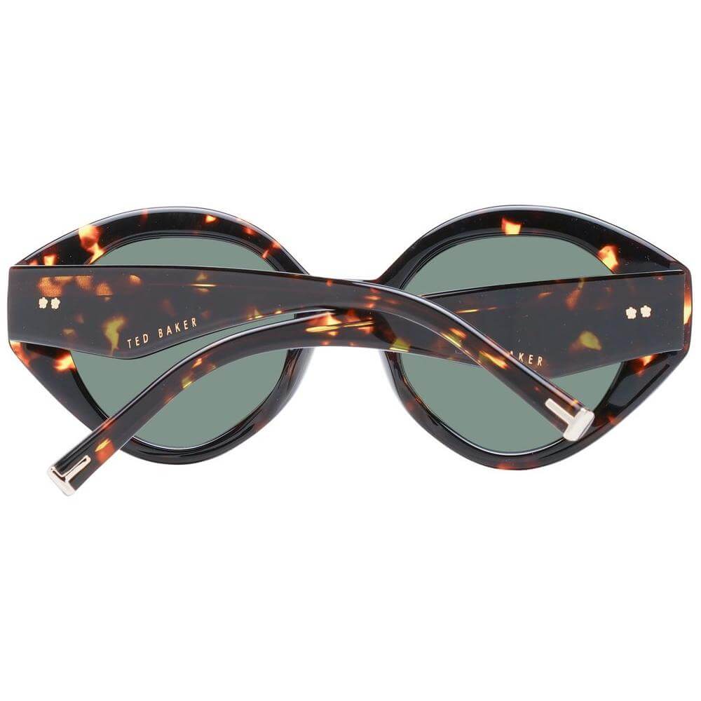 Ted Baker multicolor cat eye sunglasses with acetate frame and green plastic lenses for women, shown from the back with branded case.