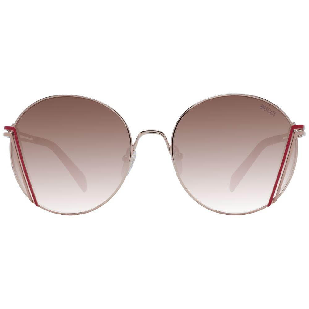 Emilio Pucci rose gold women's round sunglasses with brown gradient lenses, full-rim metal frame, size 58-19-140, includes branded case.