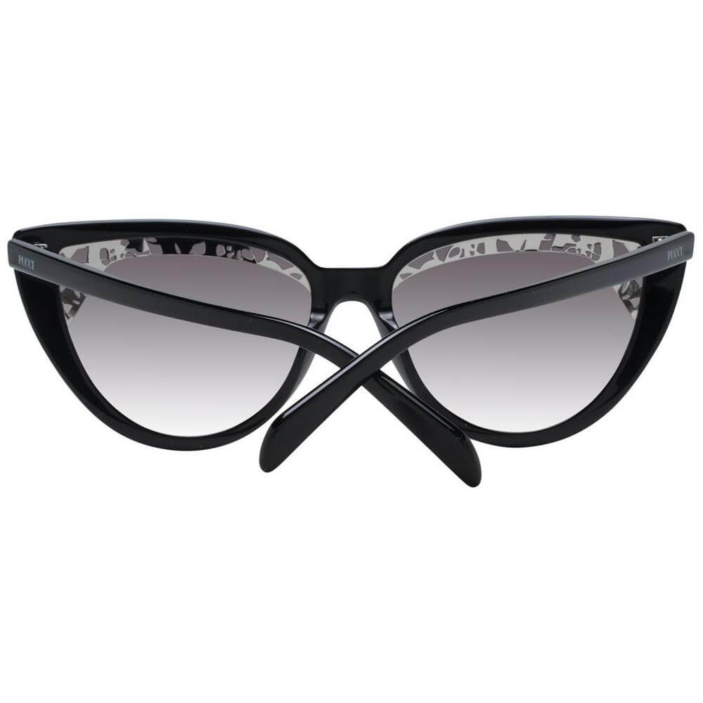 Emilio Pucci black cat-eye women's sunglasses with black plastic full-rim frame and grey gradient lenses, includes branded case.
