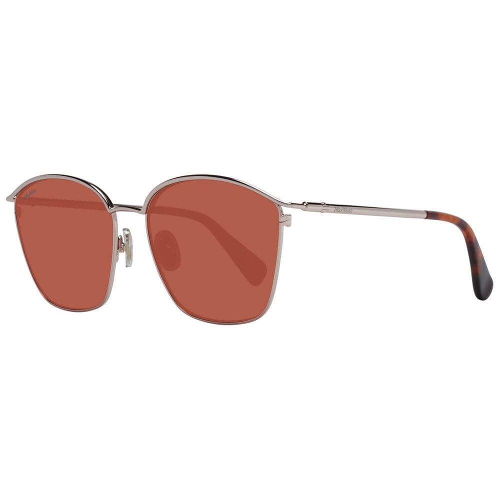 Rose gold rectangle sunglasses for women with metal full-rim frame, brown lenses, 100% UVA & UVB protection, branded case included.