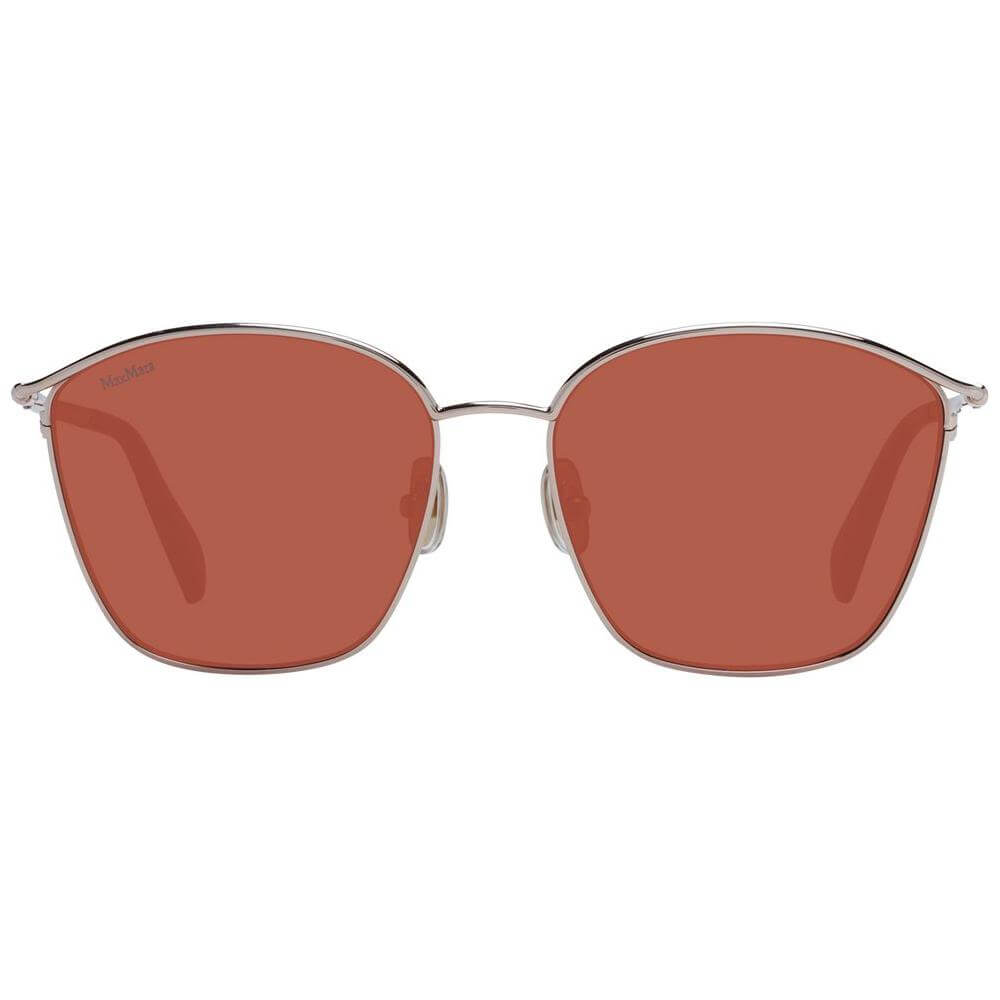 Max Mara Rose Gold Women Sunglasses with brown plastic lenses, metal full-rim frame, size 55-16-135, rectangle style, comes with branded case.