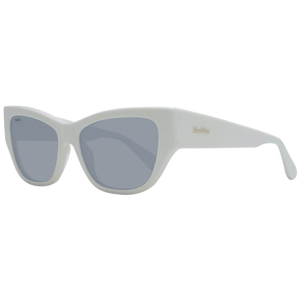 Max Mara white women's sunglasses, full-rim cat eye design, plastic frame, grey mirrored lenses, 100% UVA & UVB protection.