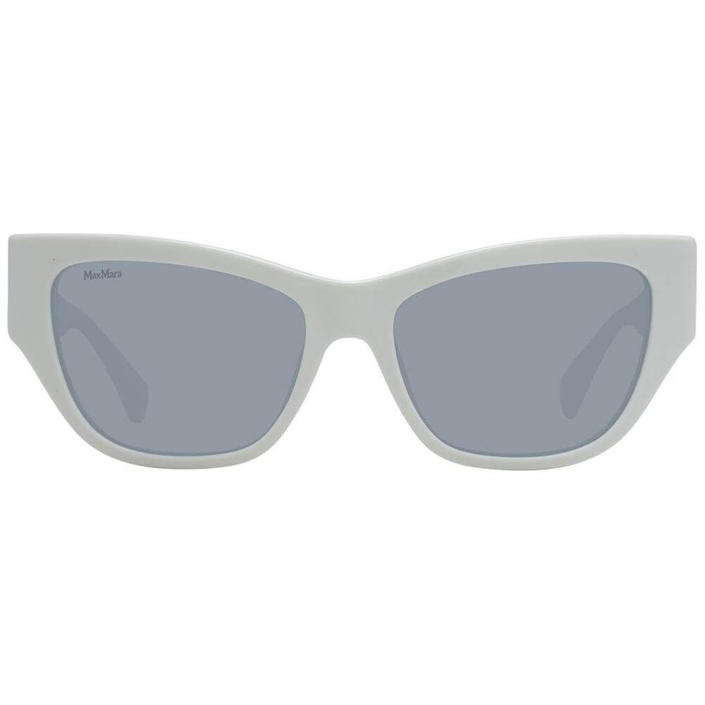 Max Mara white cat eye women's sunglasses with grey mirrored lenses and full-rim plastic frame, includes branded case for shipment.