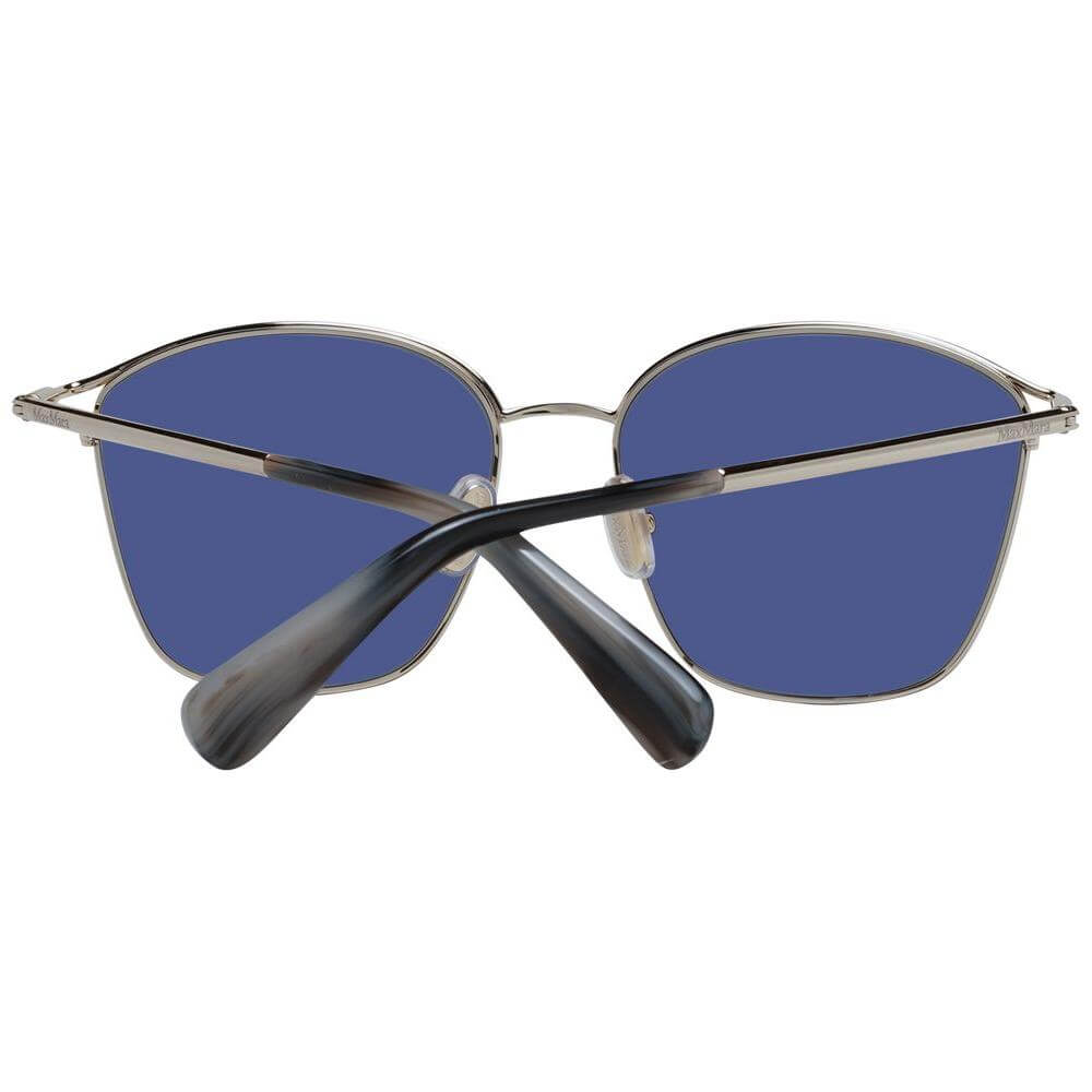 Max Mara silver square sunglasses for women with full-rim metal frame and blue lenses, includes branded case, UVA & UVB protection.