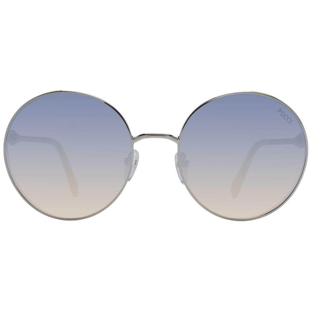 Emilio Pucci silver metal full-rim women's sunglasses with gradient grey lenses, providing 100% UVA & UVB protection. Includes branded case.