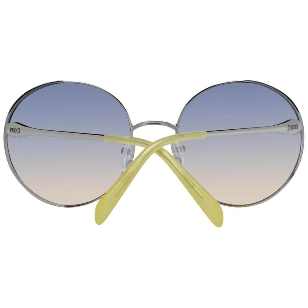 Emilio Pucci round silver sunglasses for women with gradient grey lenses, metal full-rim frame, includes branded case.