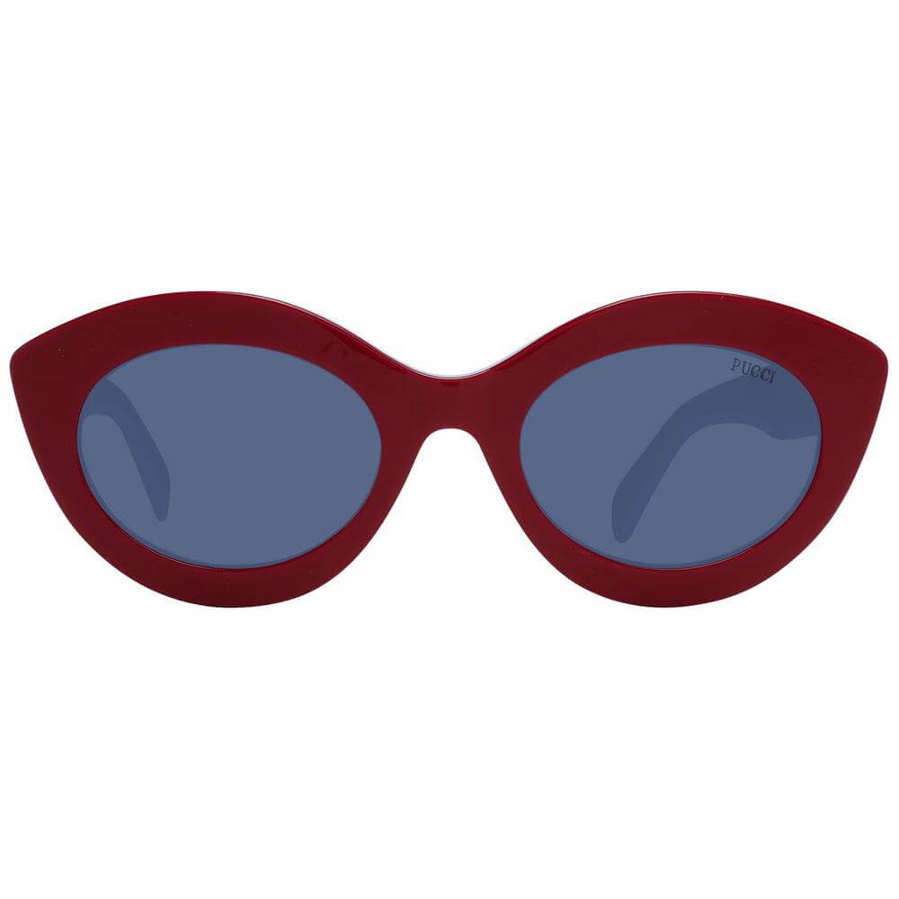 Emilio Pucci red cat-eye women sunglasses with blue lenses, full-rim plastic frame, size 53-22-140; includes branded case.