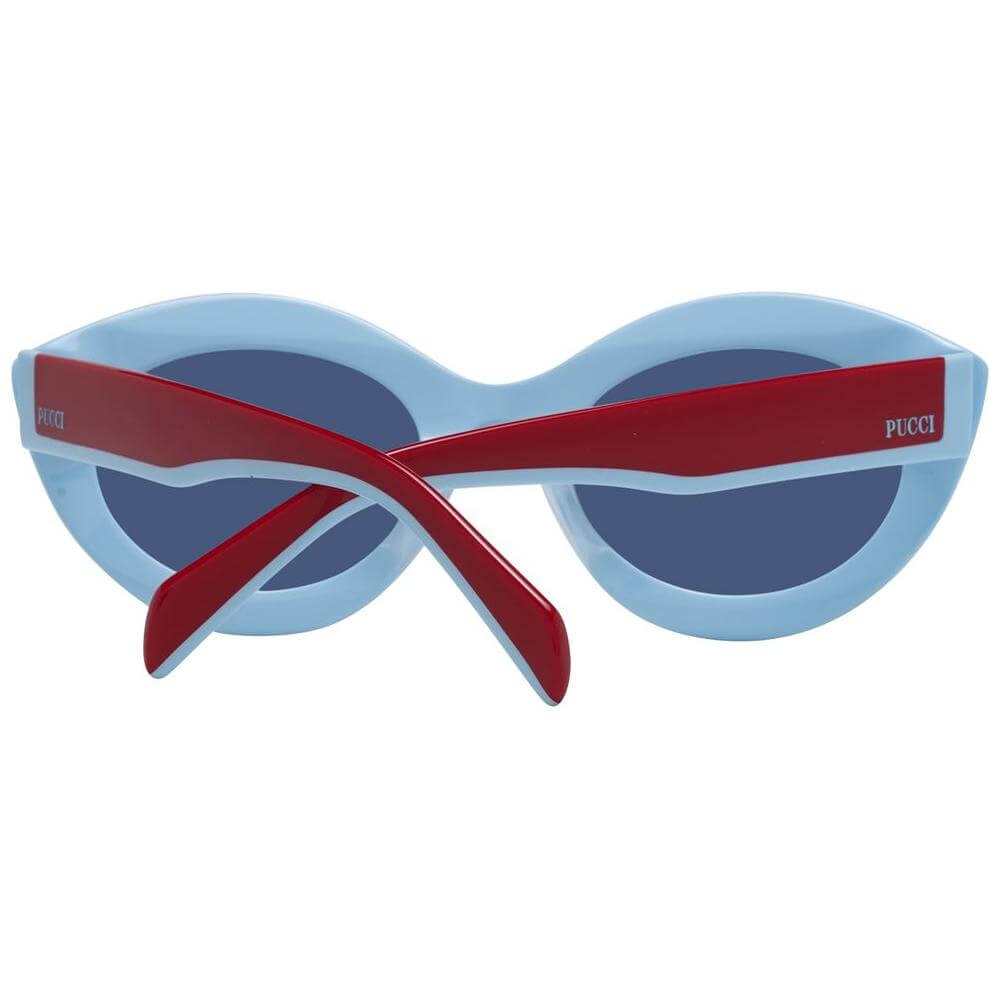 Emilio Pucci red women's cat-eye sunglasses with blue lenses, full-rim plastic frame, and branded case. 100% UVA & UVB protection.