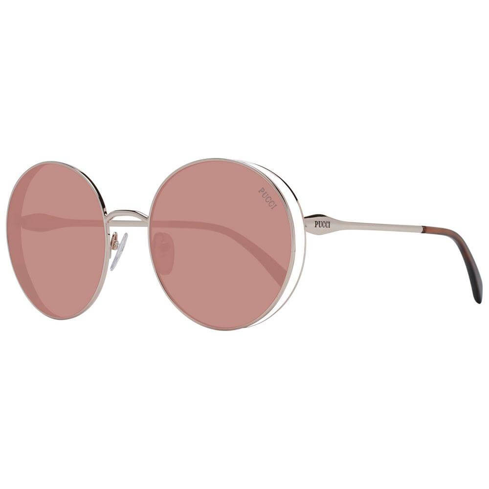 Emilio Pucci rose gold women's sunglasses with round metal frame and burgundy lenses, full-rim style, includes branded case.
