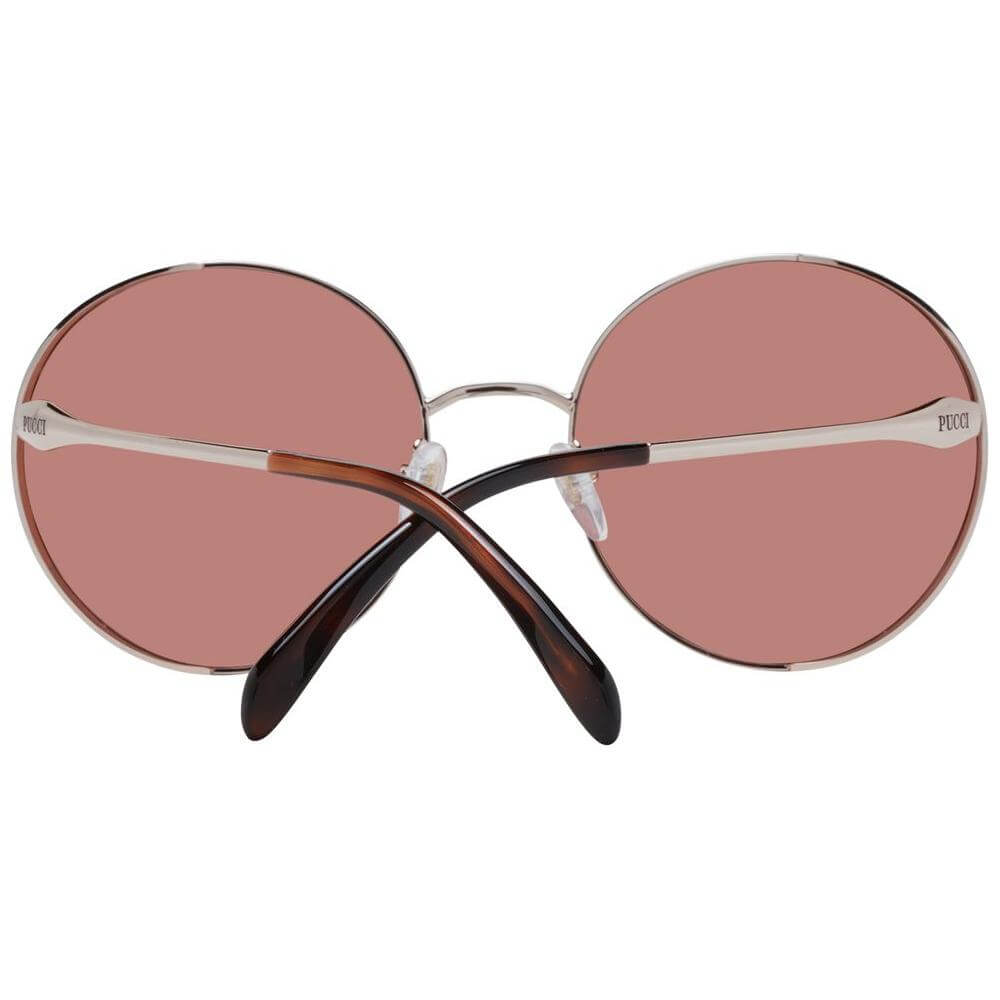 Emilio Pucci round rose gold women's sunglasses with burgundy lenses, metal full-rim frame, and no lenses effect; includes branded case.