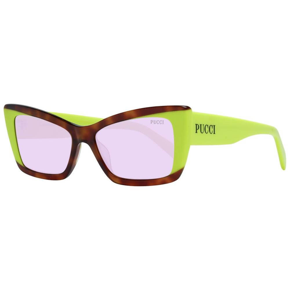 Emilio Pucci multicolor women's sunglasses with full-rim plastic frame and purple lenses, includes branded case, 100% UVA & UVB protection.