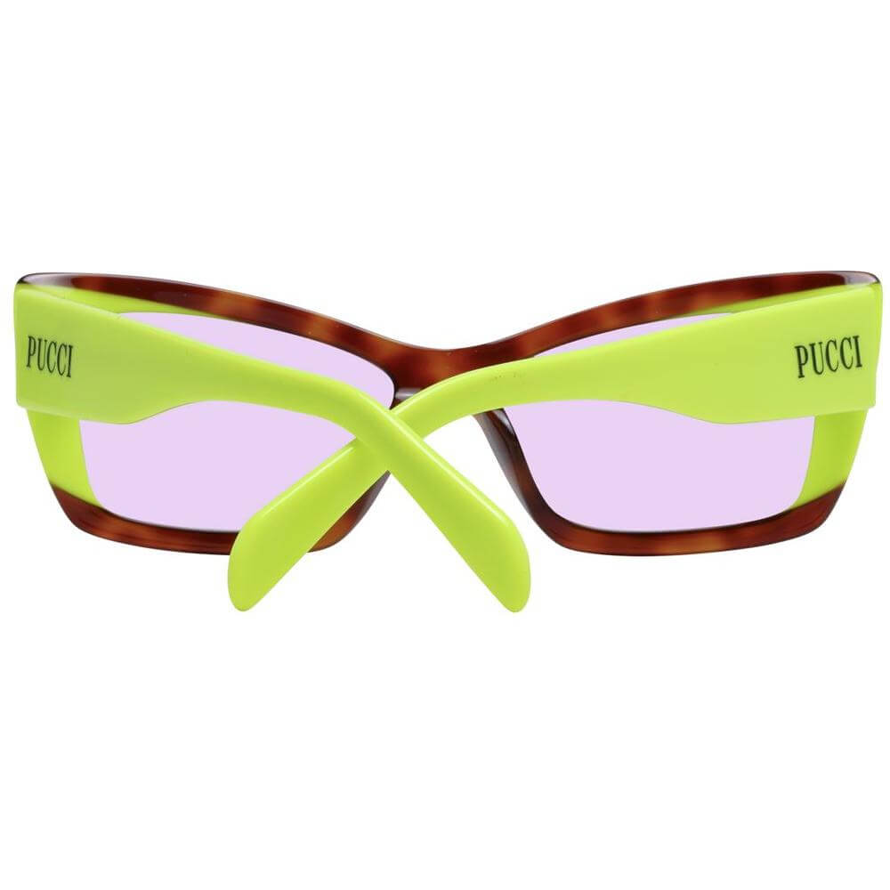 Emilio Pucci multicolor women's sunglasses with full-rim plastic frame, purple lenses, rectangle style, includes branded case.