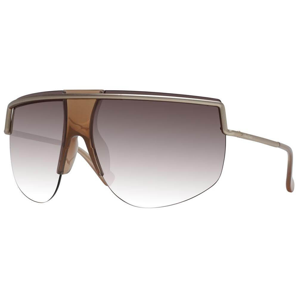 Max Mara gold aviator sunglasses with gold metal half-rim frame, brown gradient lenses, and 100% UVA & UVB protection.