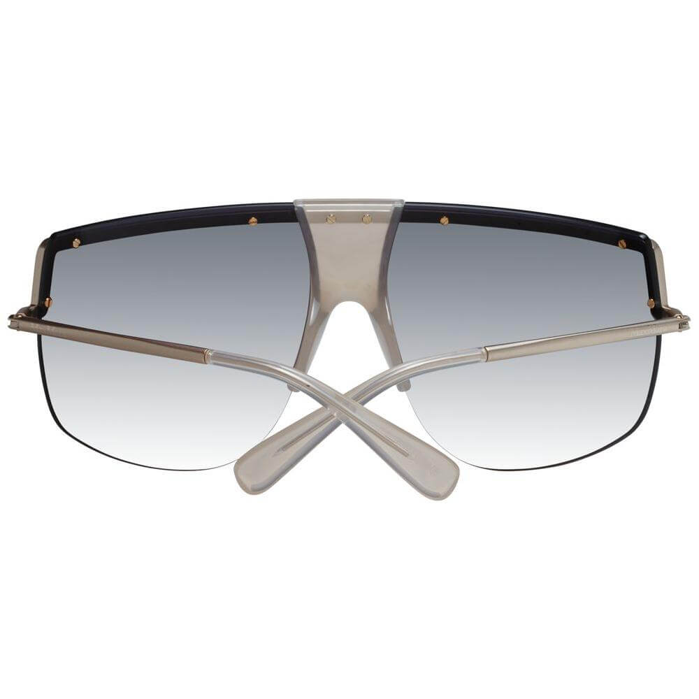 Max Mara silver half-rim aviator sunglasses with mirrored grey gradient lenses, metal frame, 100% UVA & UVB protection, includes case.