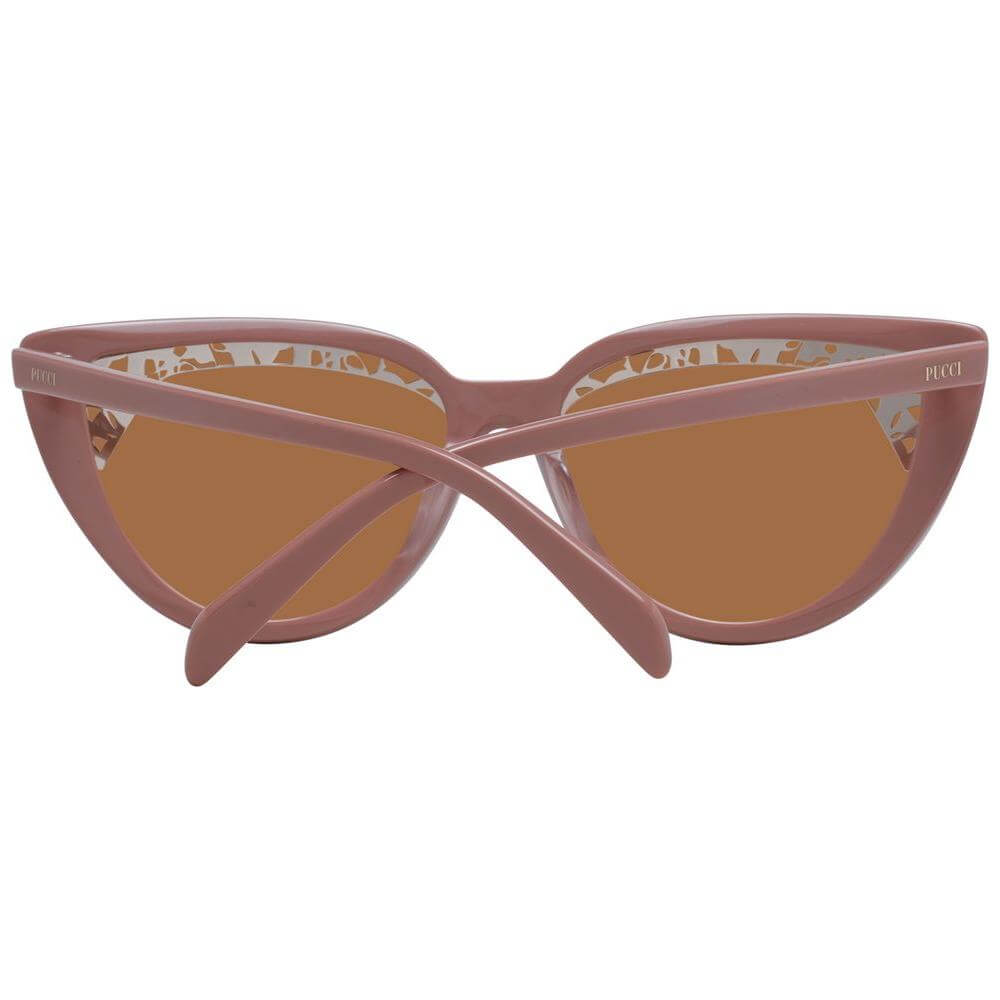 Emilio Pucci pink cat eye women's sunglasses with rose plastic full-rim frame and brown lenses, includes branded case.