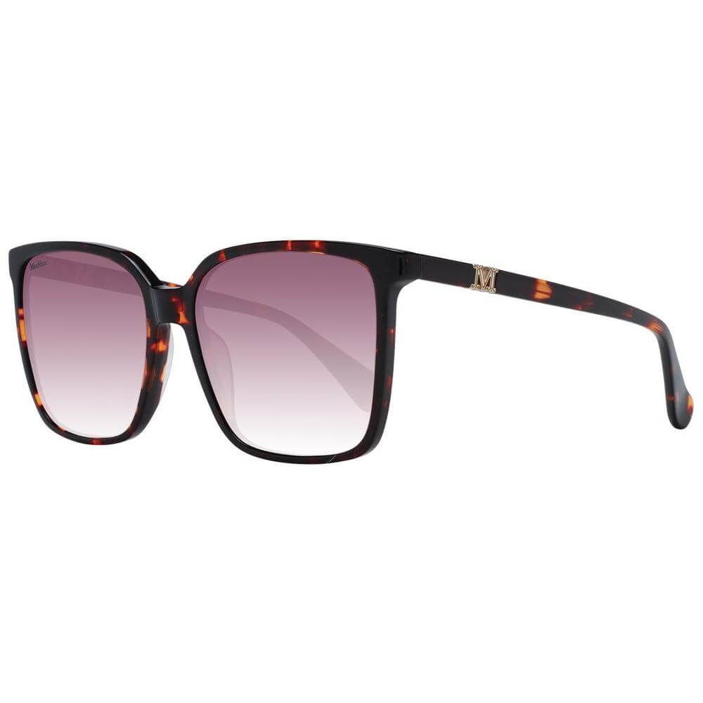 Max Mara red square sunglasses with burgundy gradient lenses, full-rim plastic frame, 100% UVA & UVB protection, includes branded case.