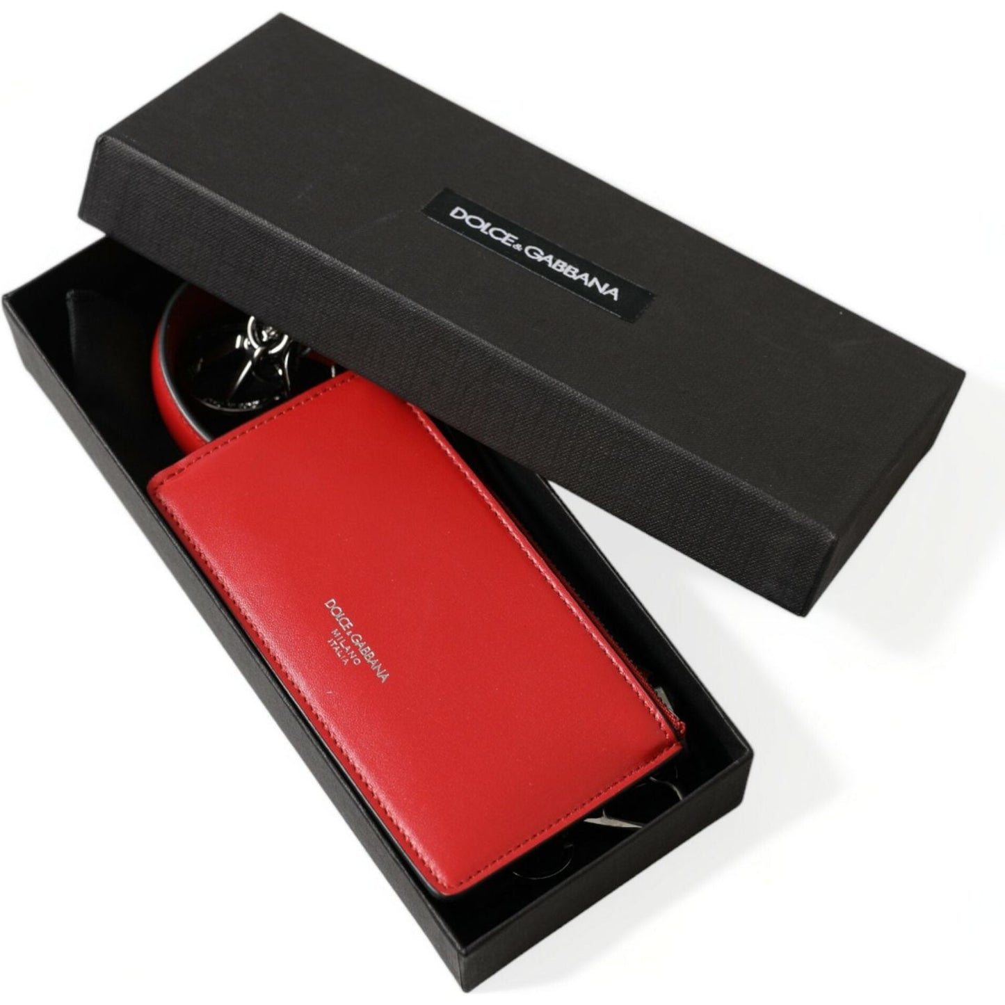 Dolce & Gabbana Red Leather Silver Metal Logo Strap Pouch Airpods Case