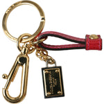Dolce & Gabbana Red Calf Leather Gold Metal Logo Plaque Keyring Keychain
