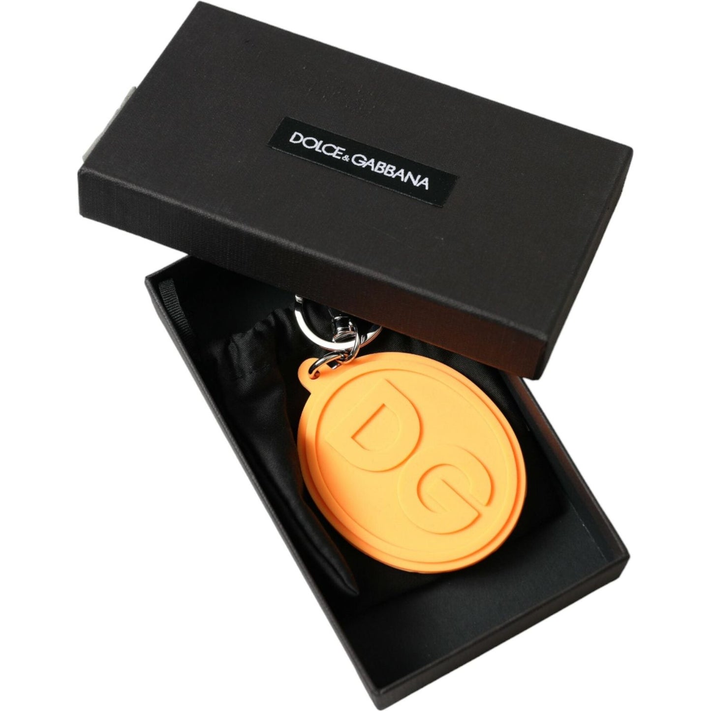 Dolce & Gabbana Orange Rubber DG Logo Silver Brass Metal Keyring Keychain