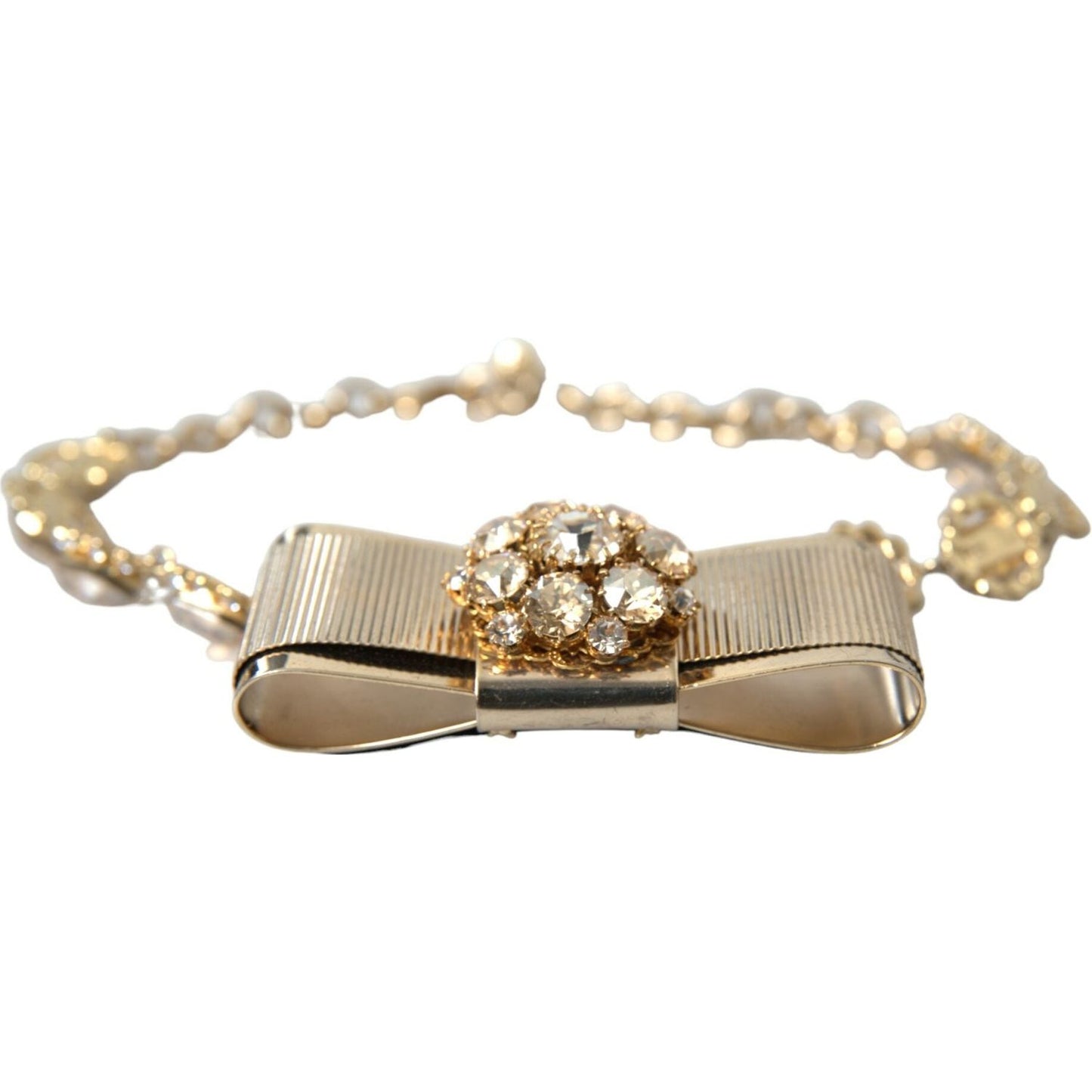 Dolce & Gabbana Gold Brass Clear Crystal Bow Chain Choker Necklace Necklace