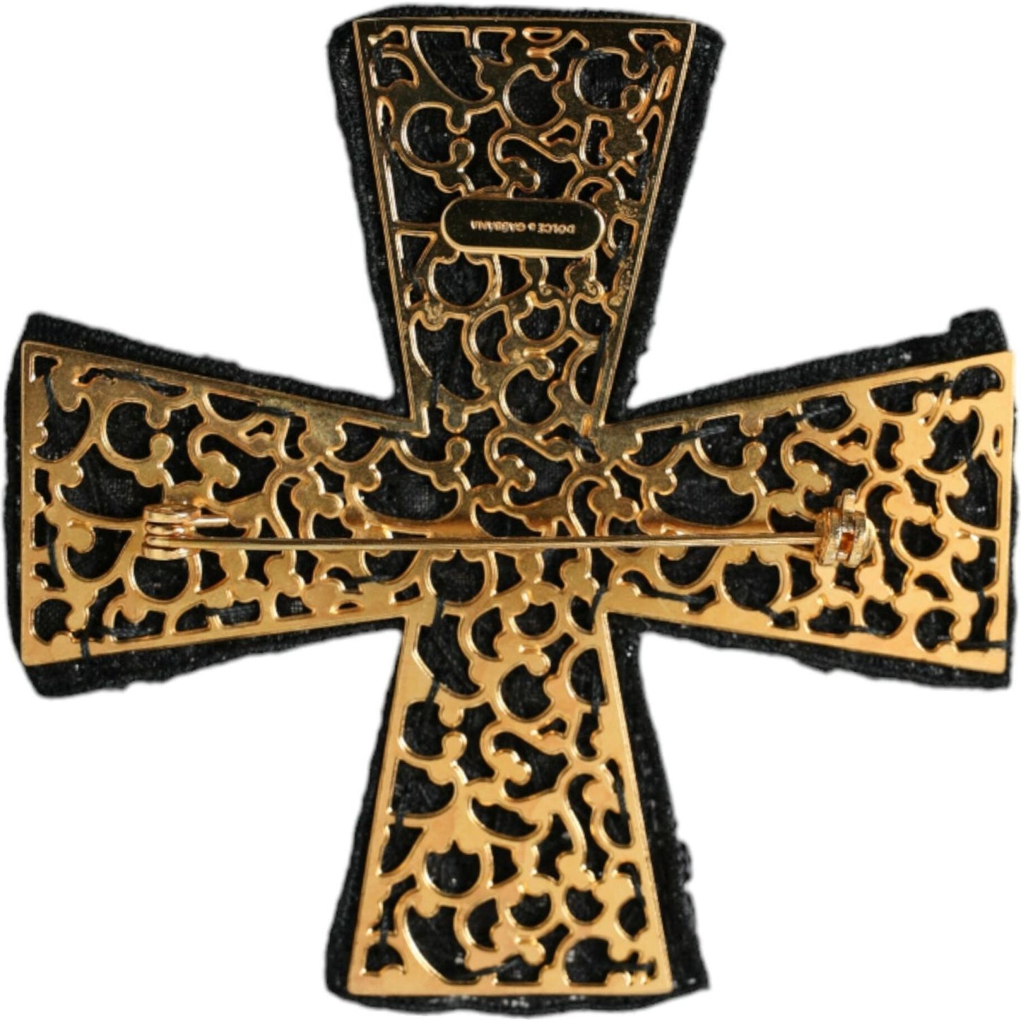 Dolce & Gabbana Black Crystals Embellished Cross Pin Brooch Brooch Dolce & Gabbana Dark Khaki