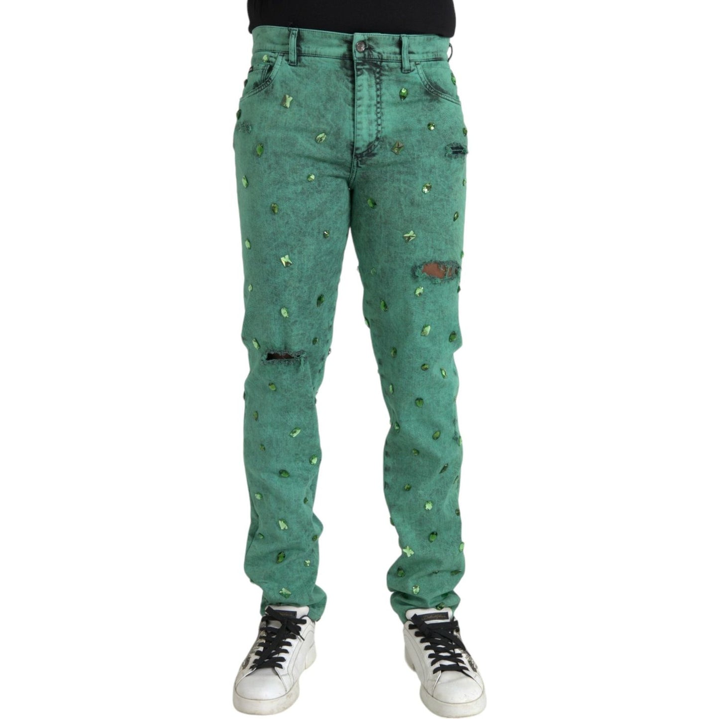 Dolce & Gabbana Green Crystals Cotton Stretch Slim Jeans Dolce & Gabbana Dim Gray