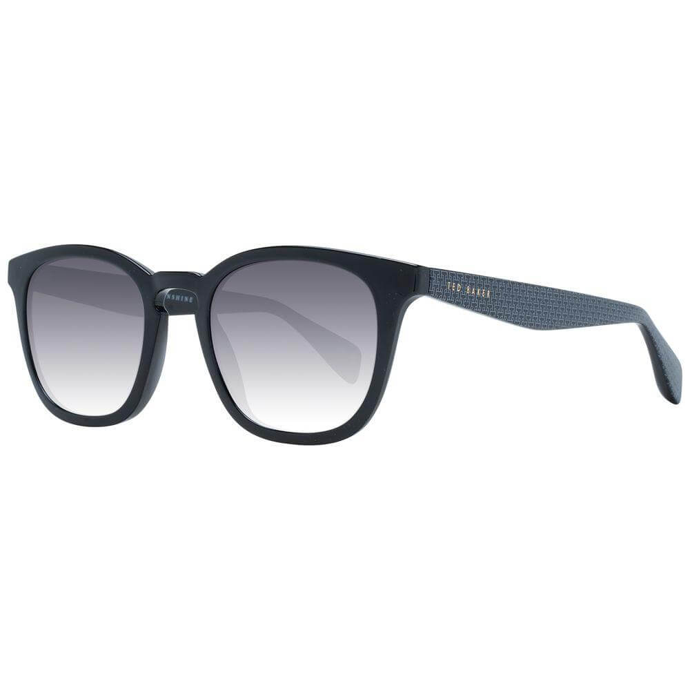 Ted Baker black acetate men's sunglasses with square gradient grey lenses and UV protection, includes branded case.