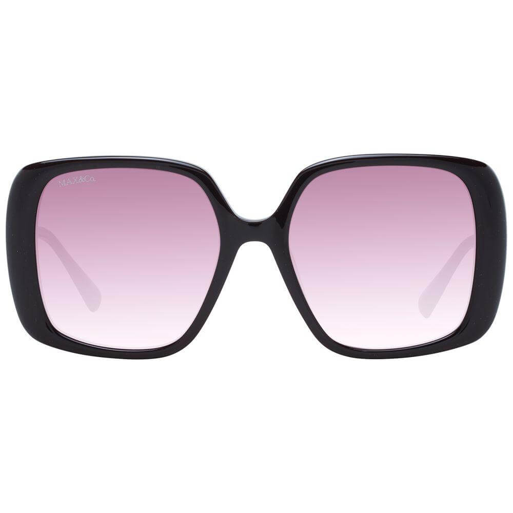 Max & Co brown square sunglasses for women with full-rim plastic frame and gradient burgundy lenses, includes branded case.