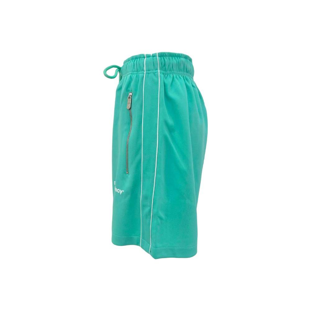 Pharmacy Industry green Bermuda shorts with white side stripes, zip side pocket, and drawstring waist, showcasing chic sporty style.
