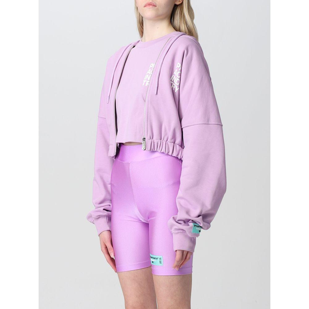 Purple cotton women's sweater with zip closure, featuring Pharmacy Industry logo, styled with matching shorts. Fashion-forward Italian design.