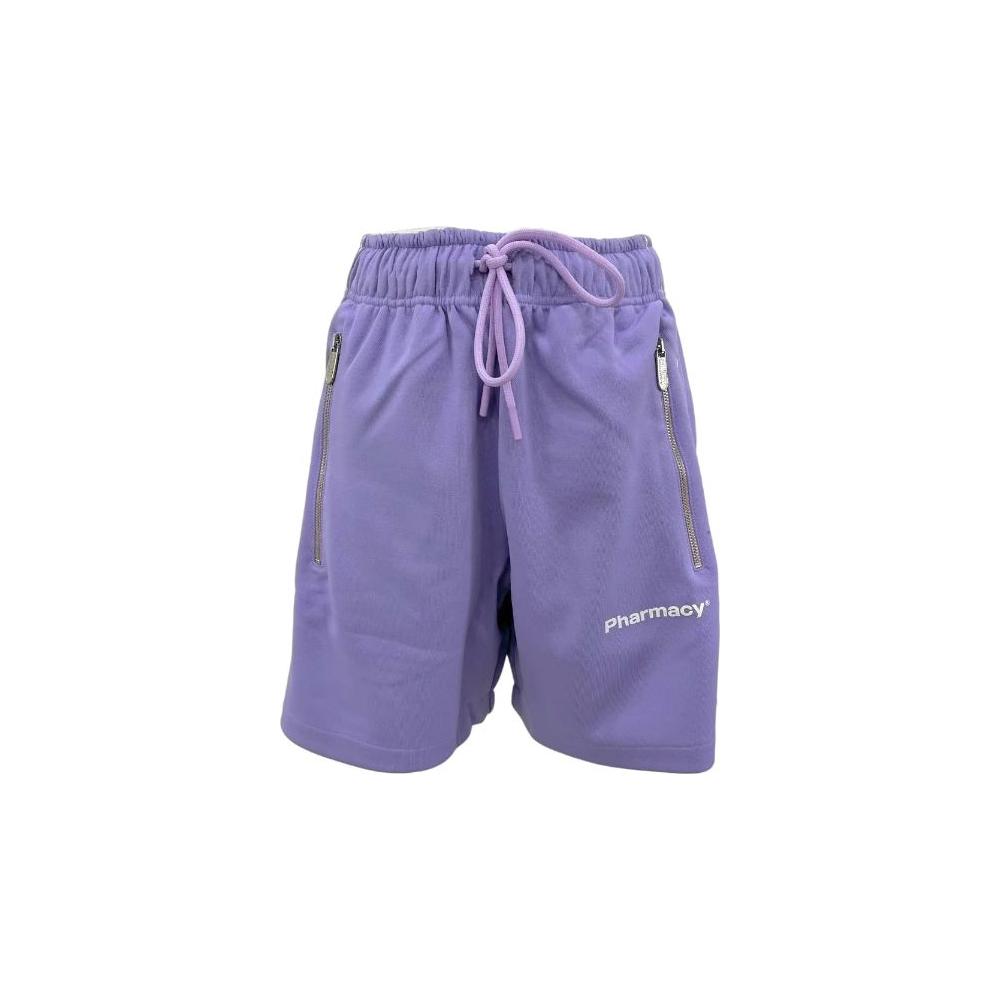 Pharmacy Industry chic purple Bermuda shorts with side stripes, drawstring waist, front logo, and zip pockets. Polyester-cotton blend.