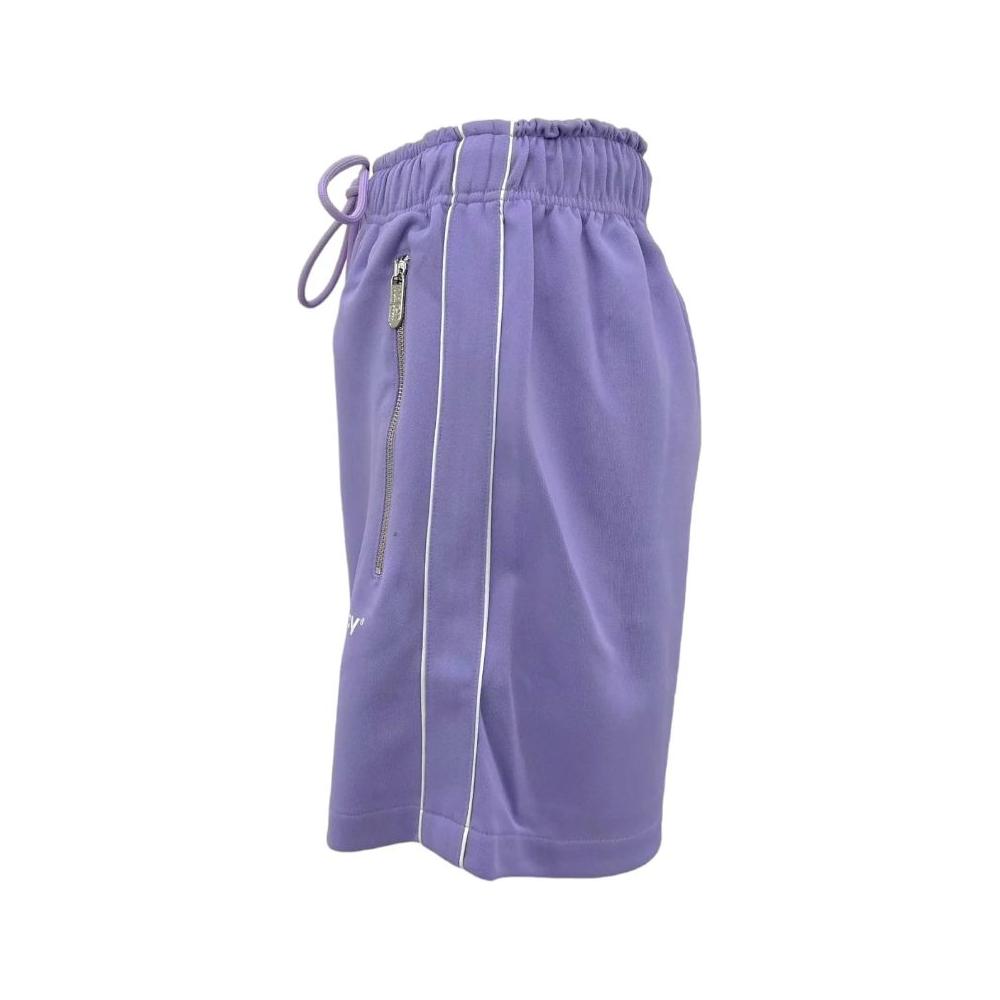 Purple Bermuda shorts by Pharmacy Industry with white side stripes and zip pocket, made of polyester and cotton blend with drawstring waist.