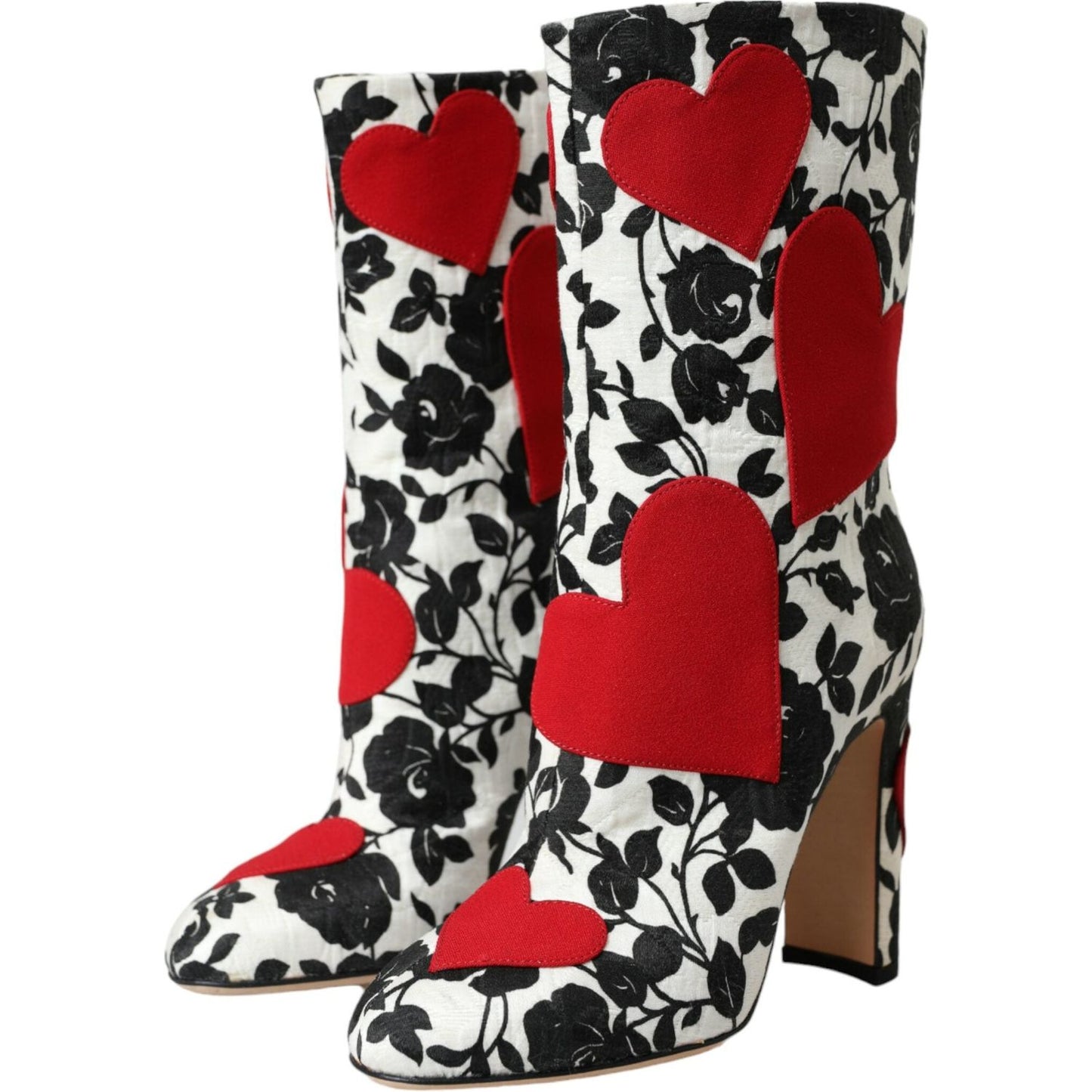 Dolce & Gabbana White Floral Hearts Leather High Boots Shoes Dolce & Gabbana Black